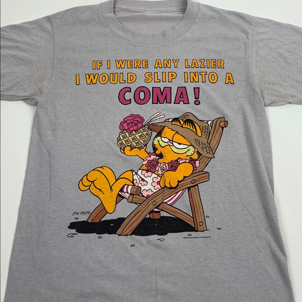 Vintage 1978 Garfield Gray Graphic T-Shirt by Jim Davis Tropical Beach Lazy RARE - Picture 11 of 12